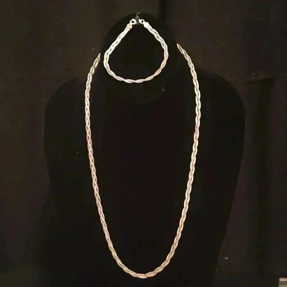 Braided Sterling Silver Necklace Bracelet set